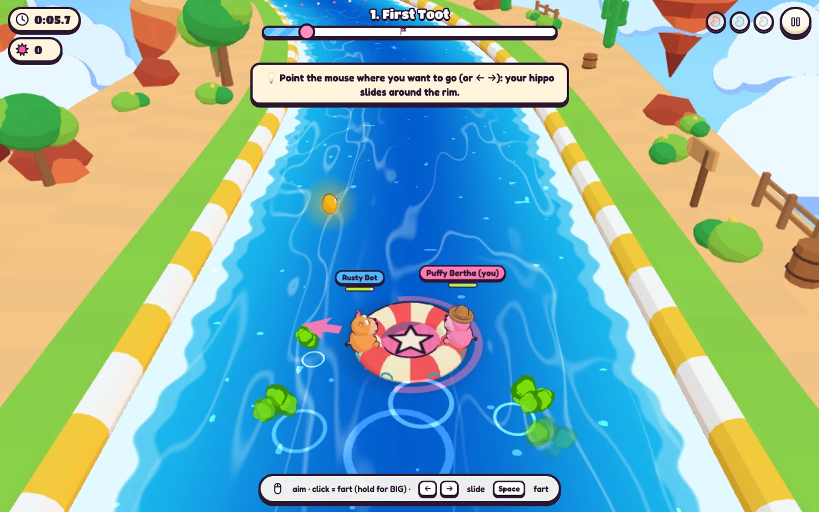 Fartabulous gameplay: four hippos on a striped raft farting past spiky cacti